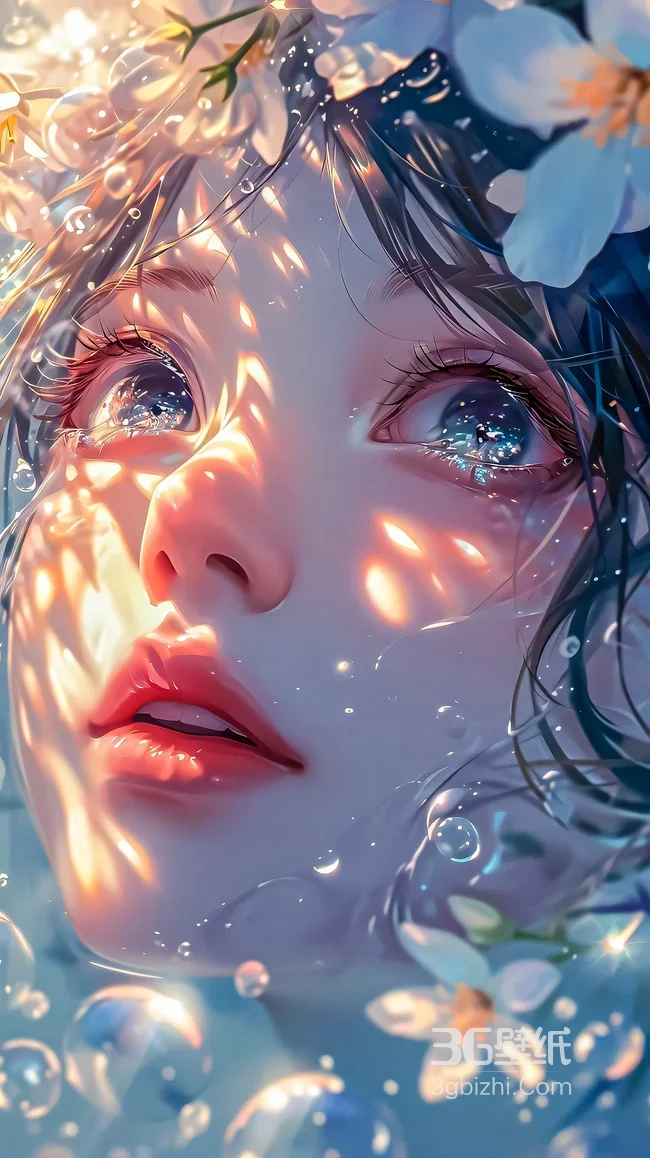 梦幻水下少女·花瓣气泡光影·唯美插画风治愈系手机壁纸1