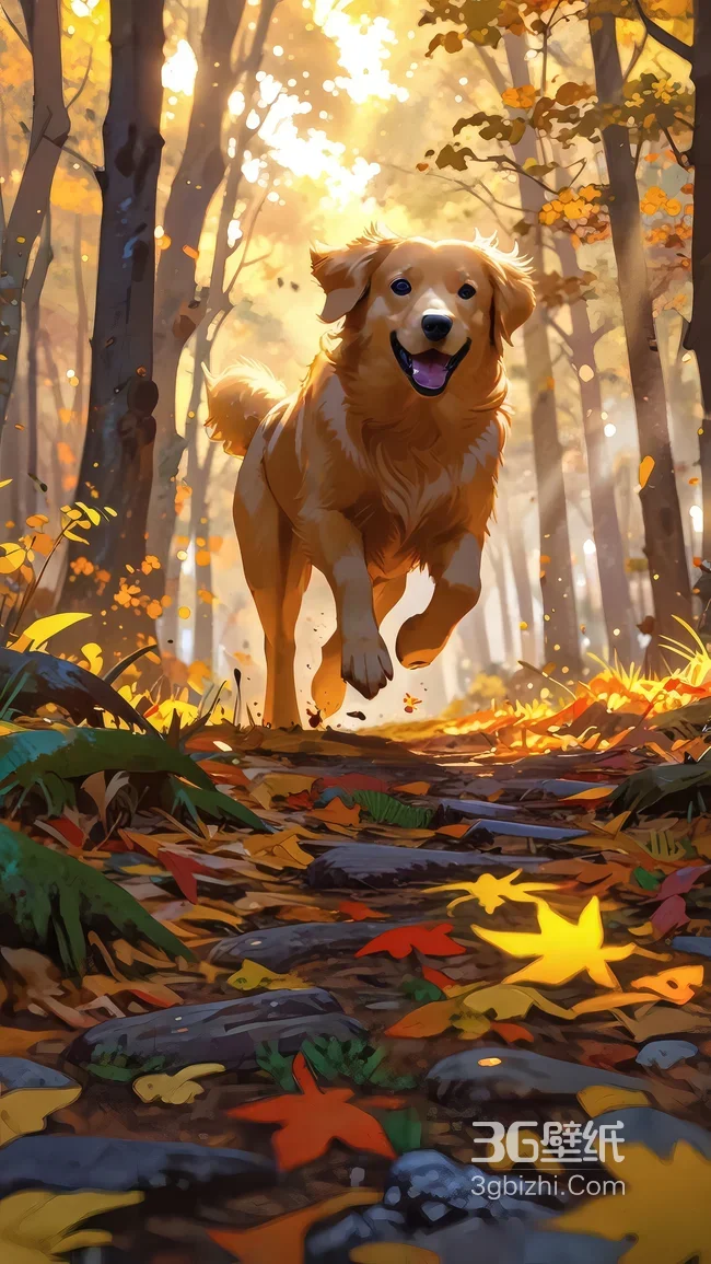 金毛犬秋日森林奔跑·唯美治愈系手机壁纸1