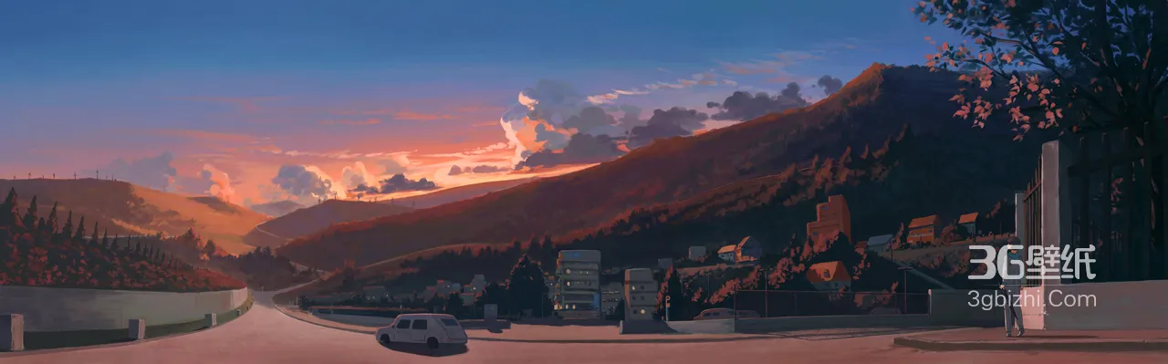 黄昏山谷小镇·独站人物 唯美二次元动漫风宽屏壁纸1