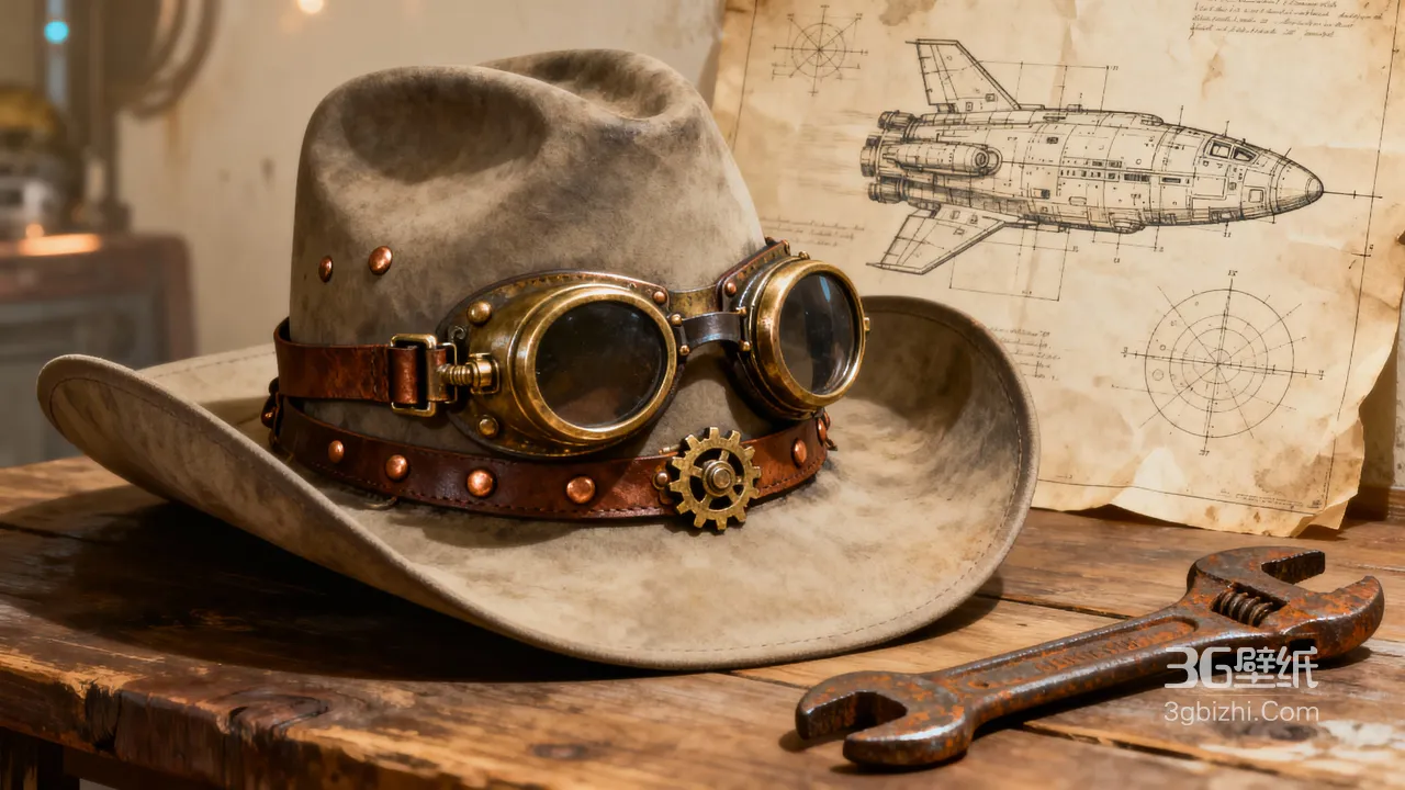 蒸汽朋克牛仔帽·飞船蓝图与扳手 机械复古风电脑壁纸精选1