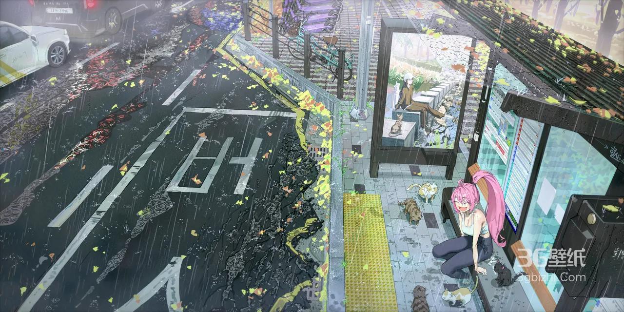 二次元粉发少女雨天公交站伴宠物 街道落叶宽屏车机壁纸1