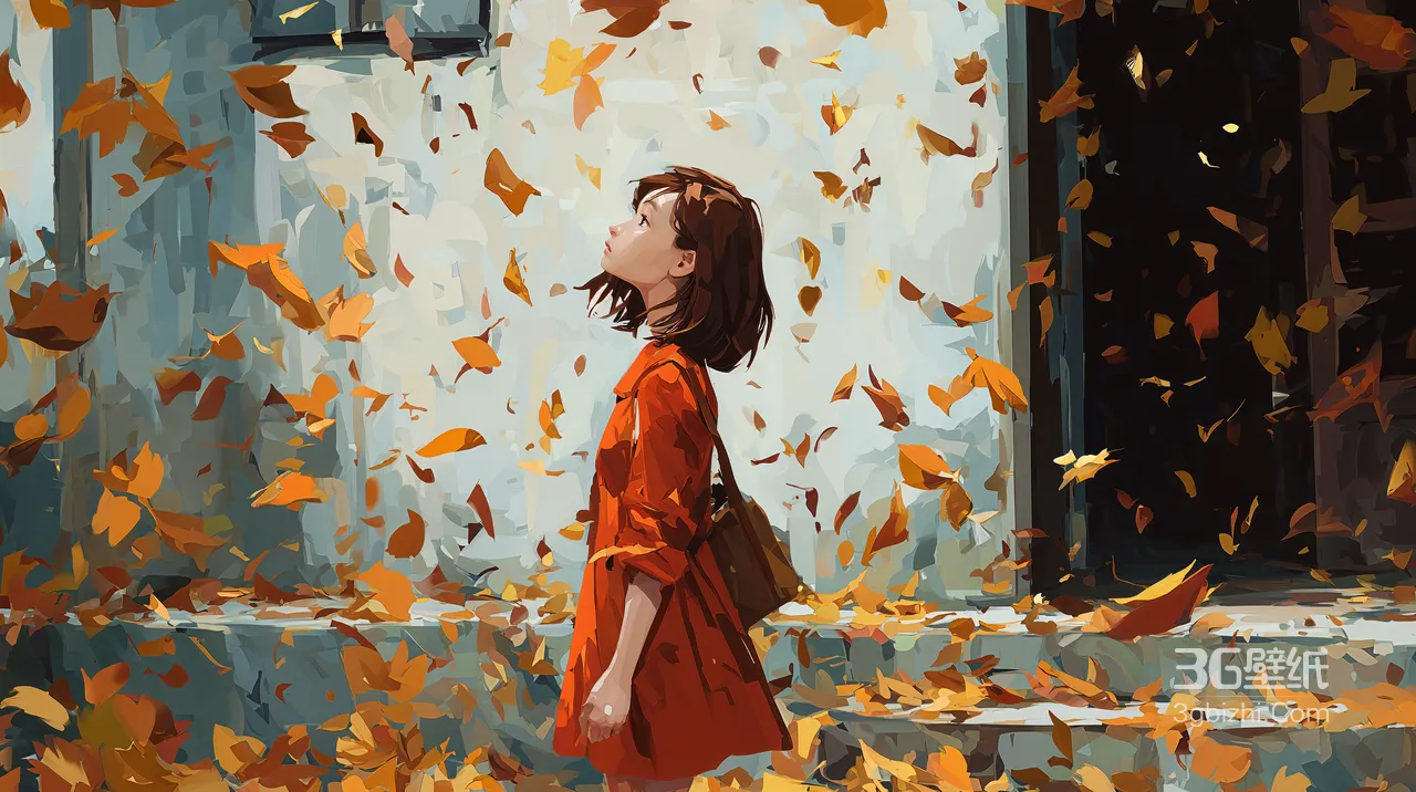 红风衣女孩·落叶纷飞油画风 秋季唯美插画电脑壁纸1
