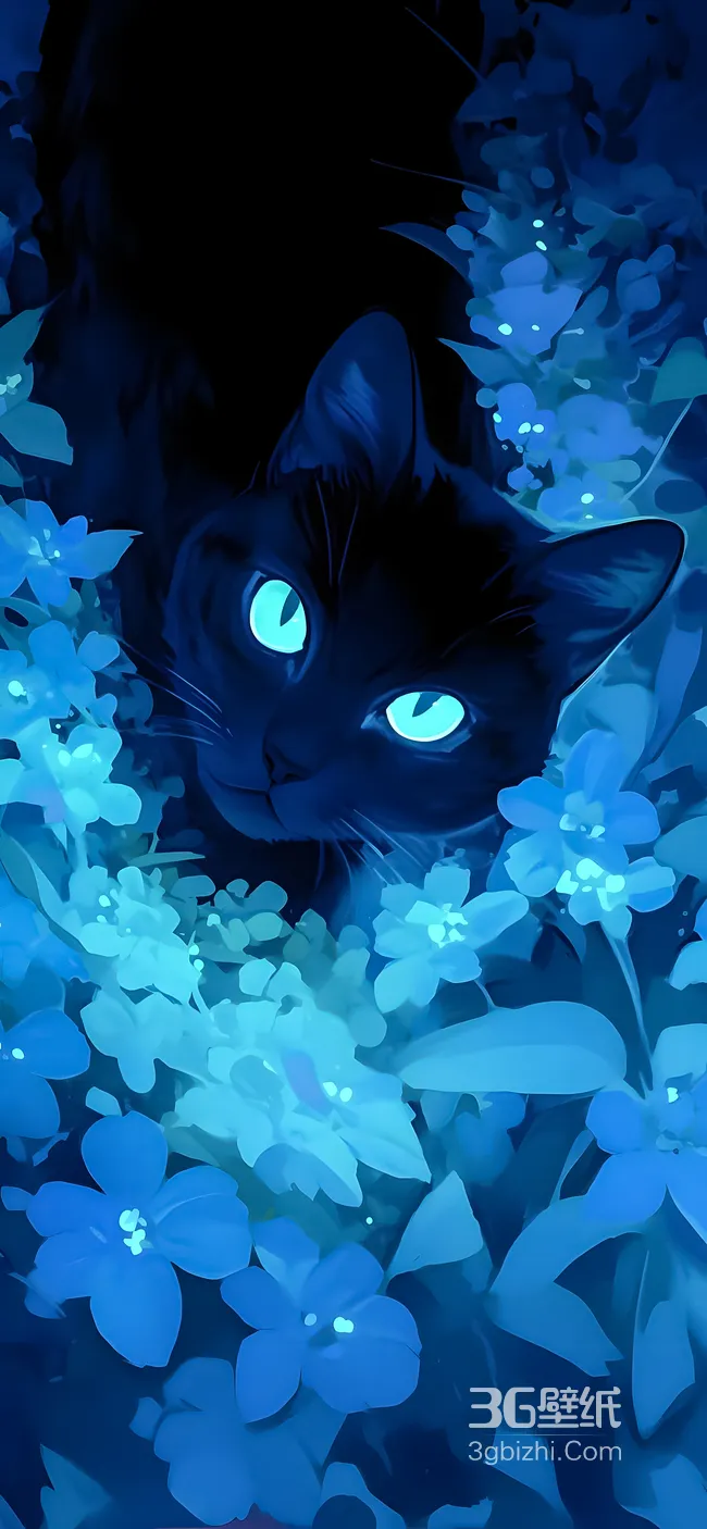 黑猫·荧光蓝眼匿蓝花 唯美暗黑系手机壁纸1
