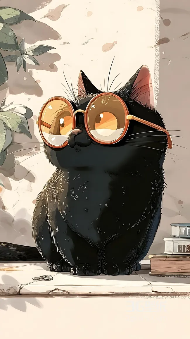 戴复古圆框眼镜的黑猫咪·手绘插画风·治愈系萌宠壁纸1