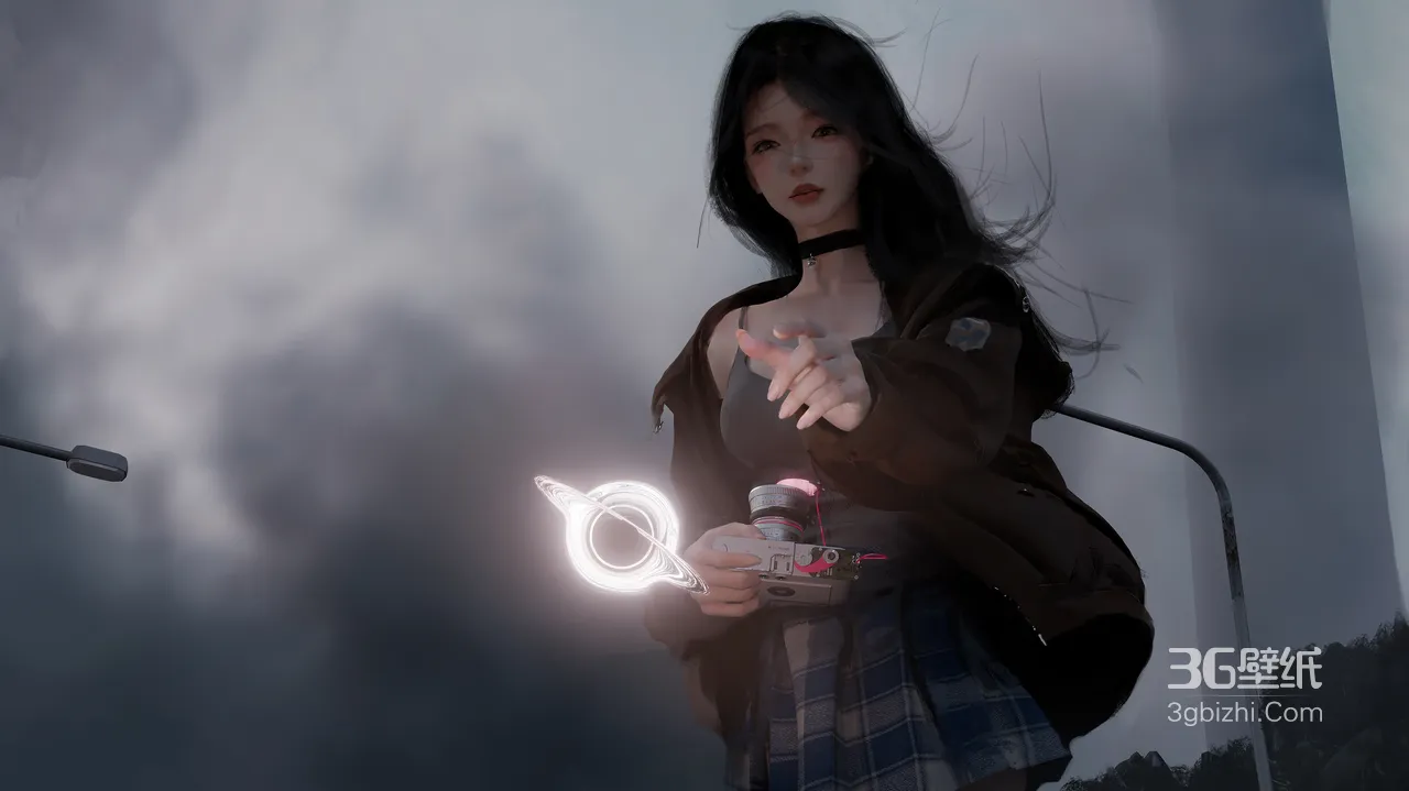 黑发少女·赛博发光环装置 暗黑写实风原创CG 赛博电脑桌面1