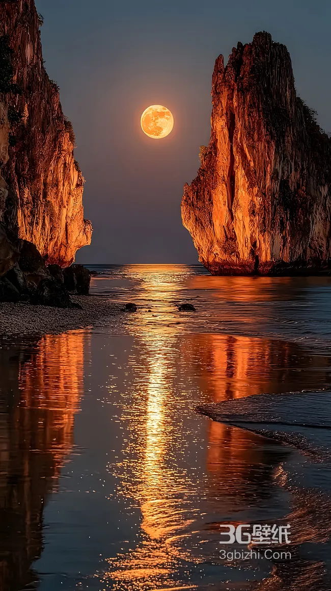 海边岩壁满月倒影·唯美写实 治愈月夜海景壁纸1