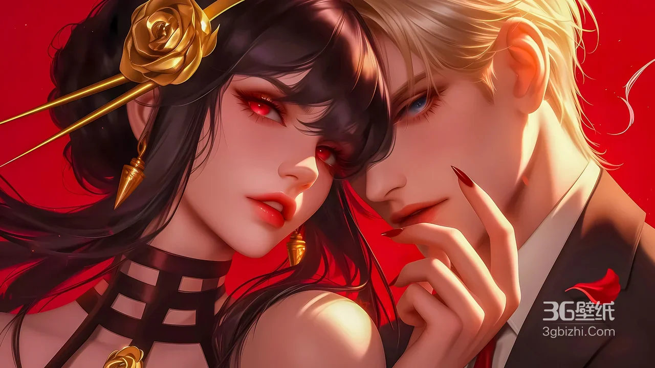 黑发红眼御姐×金发蓝眼帅哥·暗黑华丽风·二次元CP壁纸1