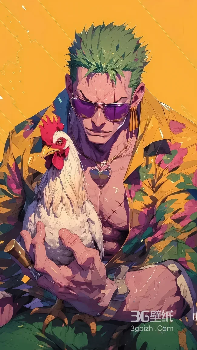 罗罗诺亚·索隆 绿发墨镜抱公鸡 海贼王插画风高人气手机壁纸1