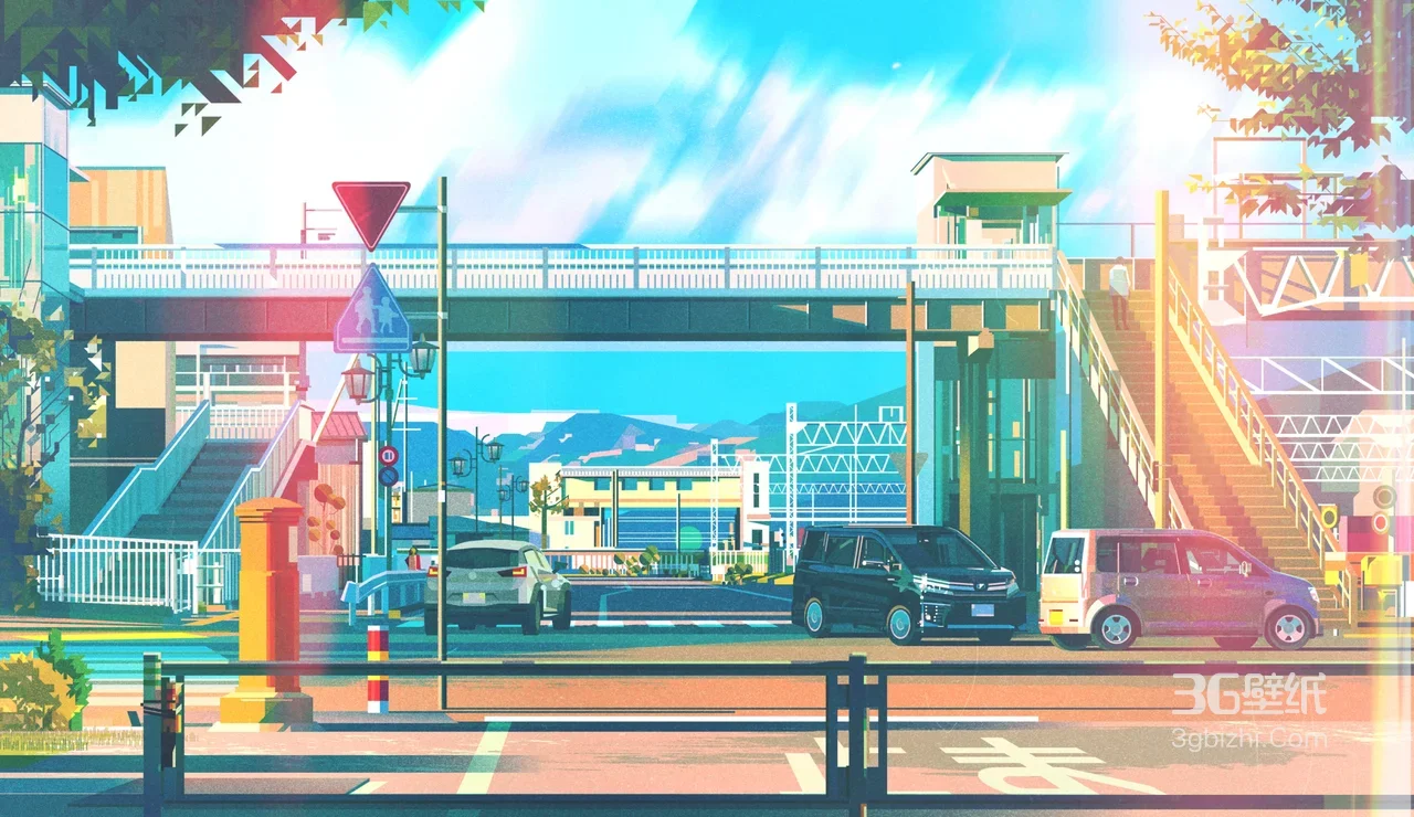 日系清新城市路口街景·治愈系宽屏车机场景1