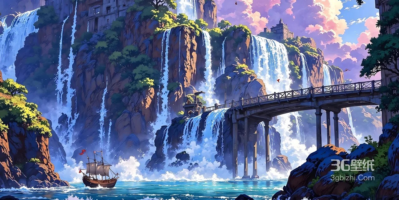 奇幻瀑布山城·帆船渡水二次元插画 超宽屏电脑壁纸1