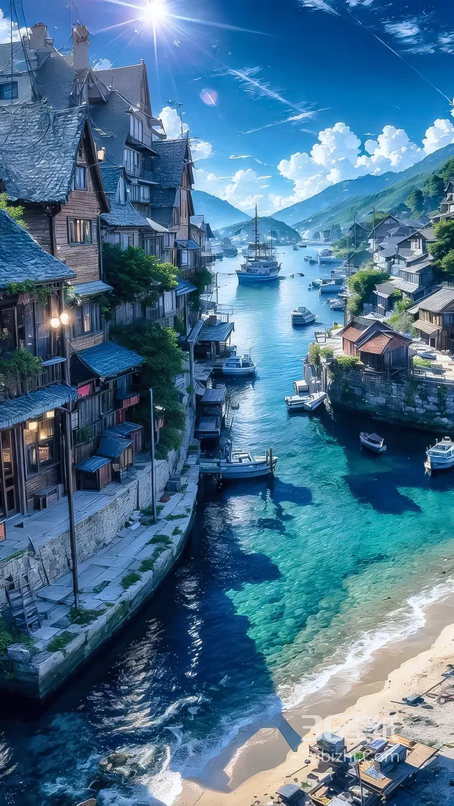 二次元河畔渔村小镇·唯美动漫风水乡场景 高热度手机壁纸1