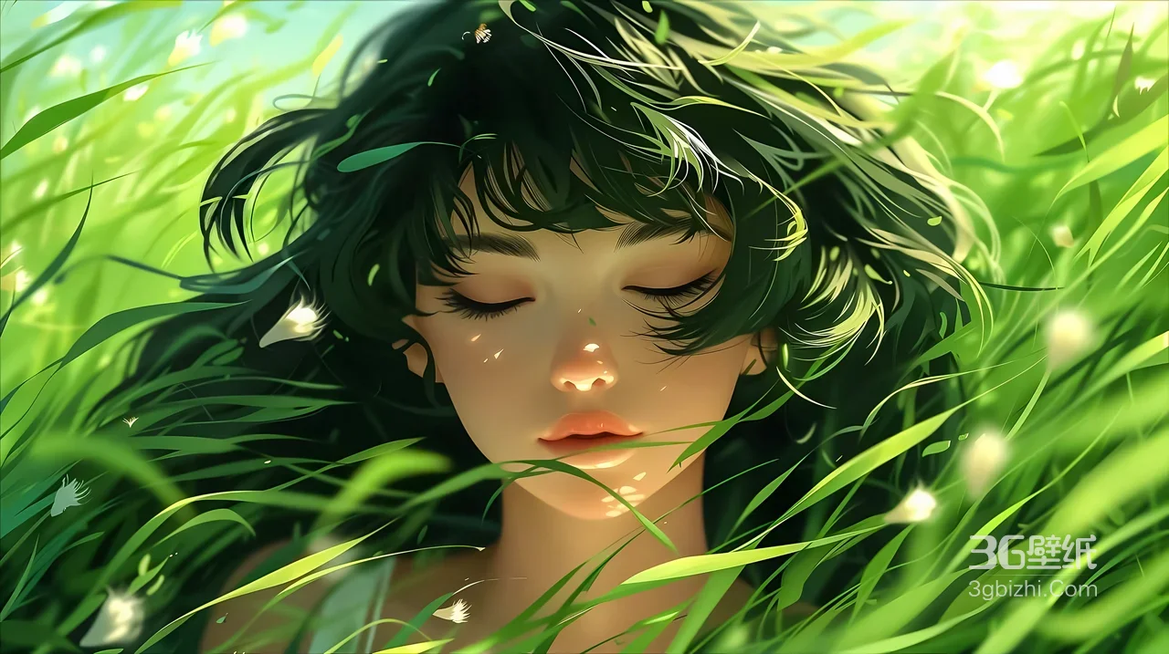 草叶发丝交织·闭眼女孩 唯美插画电脑壁纸（高人气款）1