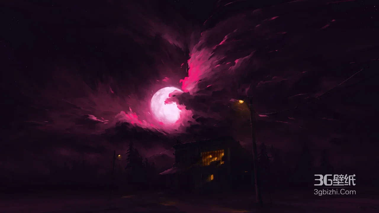 红月夜林孤屋·暗黑唯美插画 神秘氛围感创作1