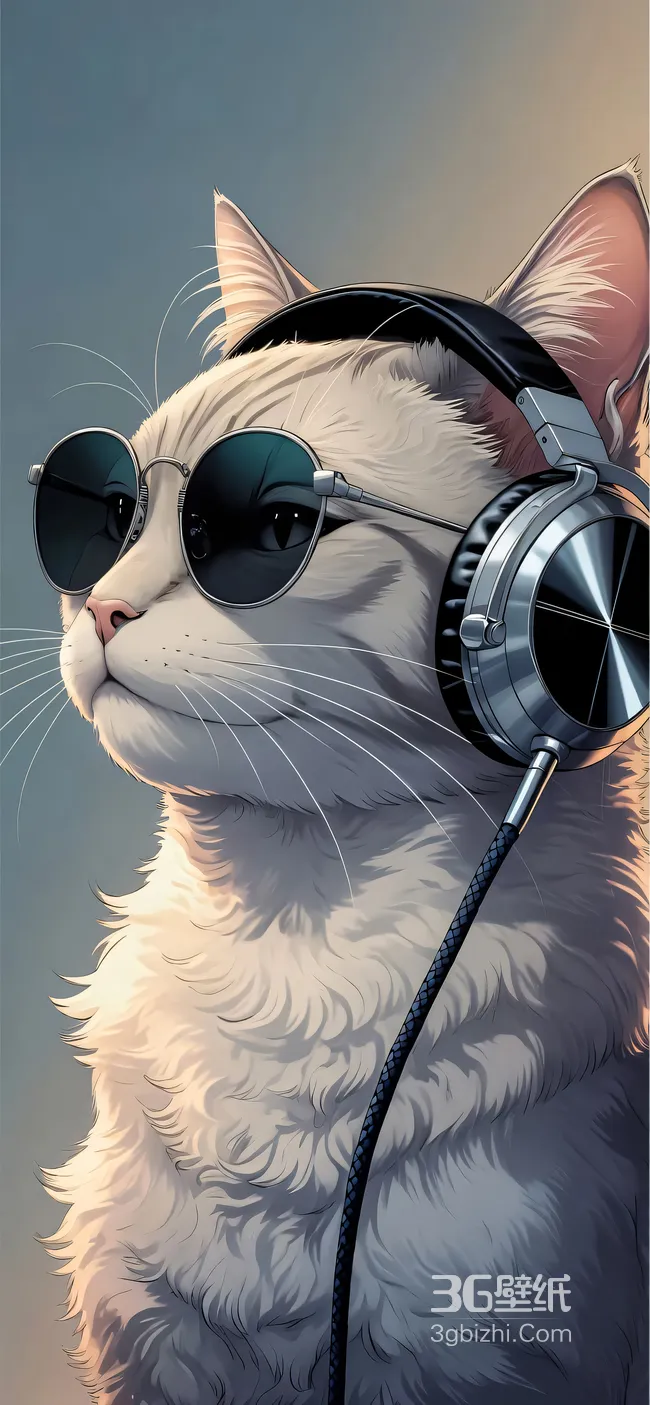 精致写实风白猫·戴墨镜耳机 潮流宠物手机壁纸1