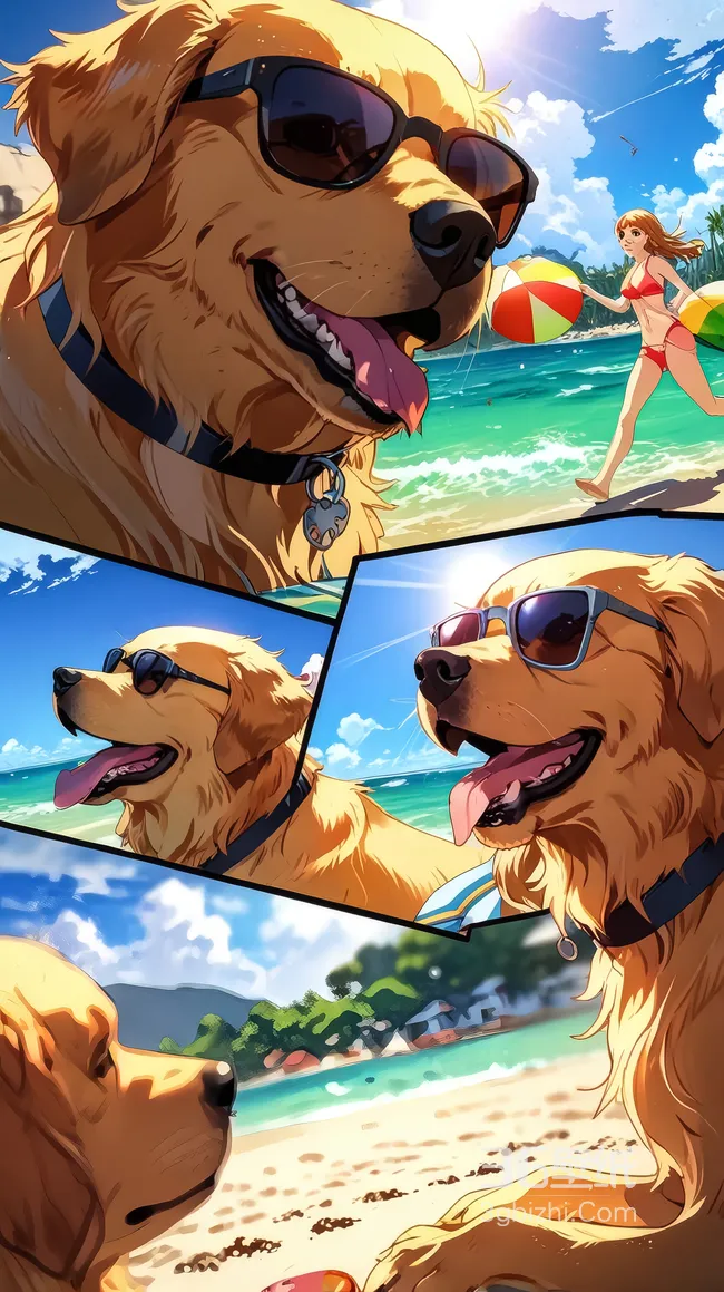金毛犬·墨镜海滩日常 二次元漫画风 高人气宠物壁纸1