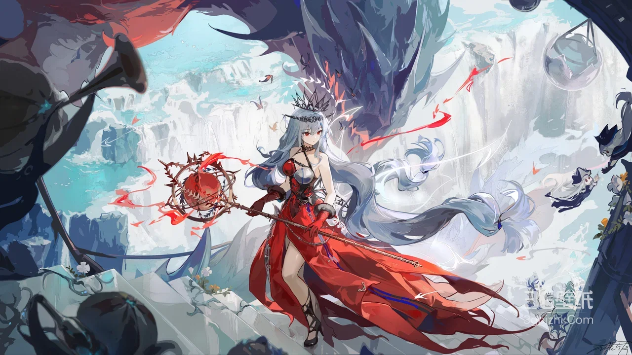 银发红裙魔女·荆棘法杖龙影随 二次元奇幻游戏插画 超燃电脑壁纸1