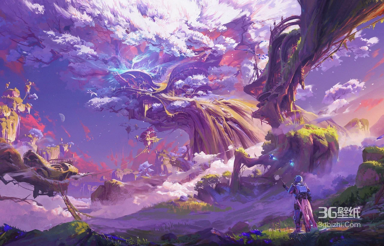 宇航员驻足奇幻浮空树屋 唯美奇幻科幻风概念艺术电脑壁纸1