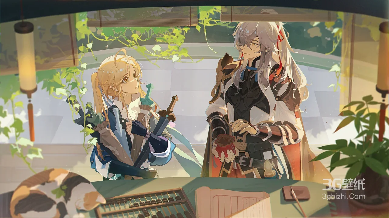 国风国漫·金发剑士&银发谋士·治愈庭院（游戏）桌面背景1