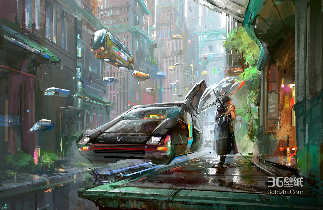 赛博朋克雨天都市·悬浮跑车与撑伞行人 科幻宽屏壁纸1