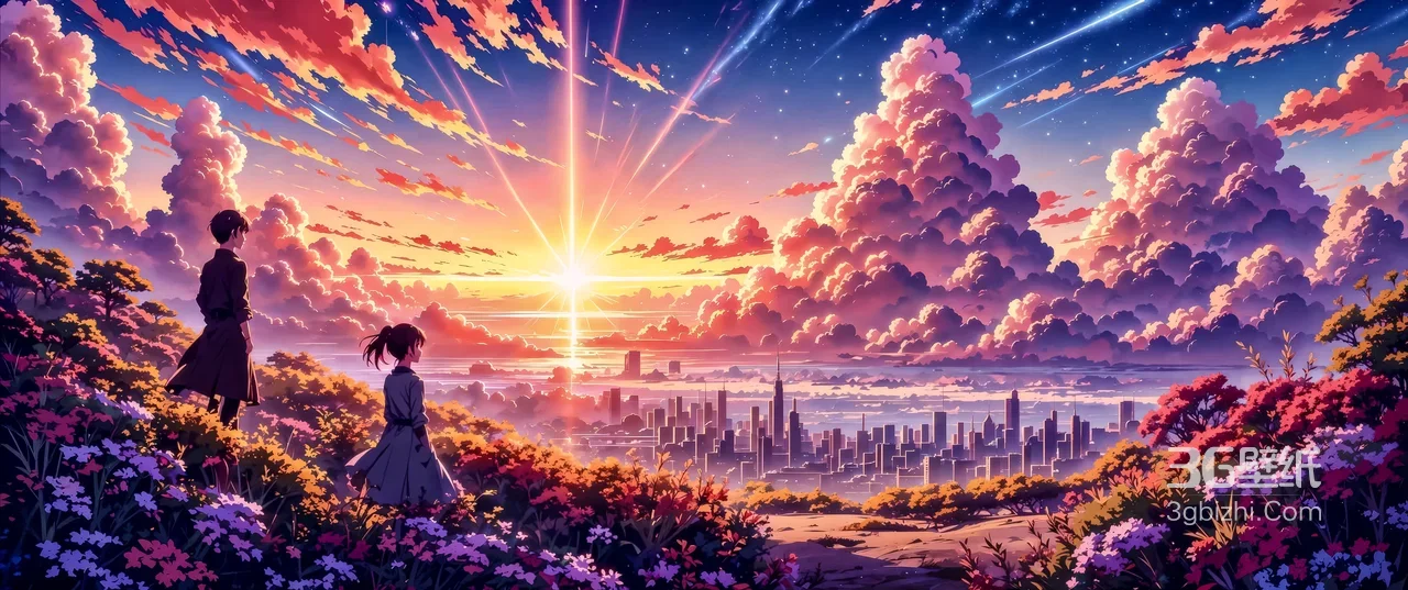 花海城市日出·双人眺望·唯美新海诚风二次元桌面 宽屏电脑背景1