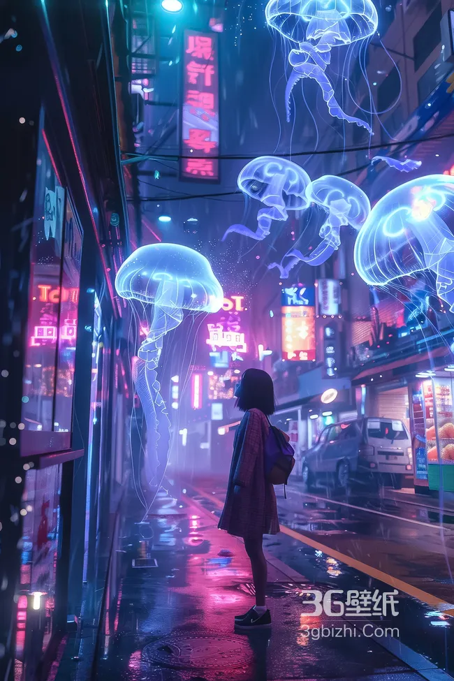 赛博朋克都市雨夜 霓虹水母与短发少女 科幻风手机壁纸1