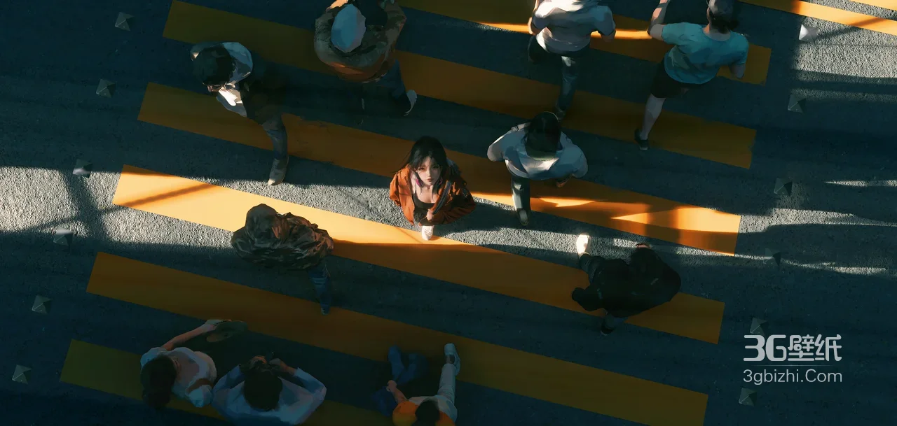 人群簇拥的女孩·写实电影风斑马线场景 高画质电脑桌面背景1