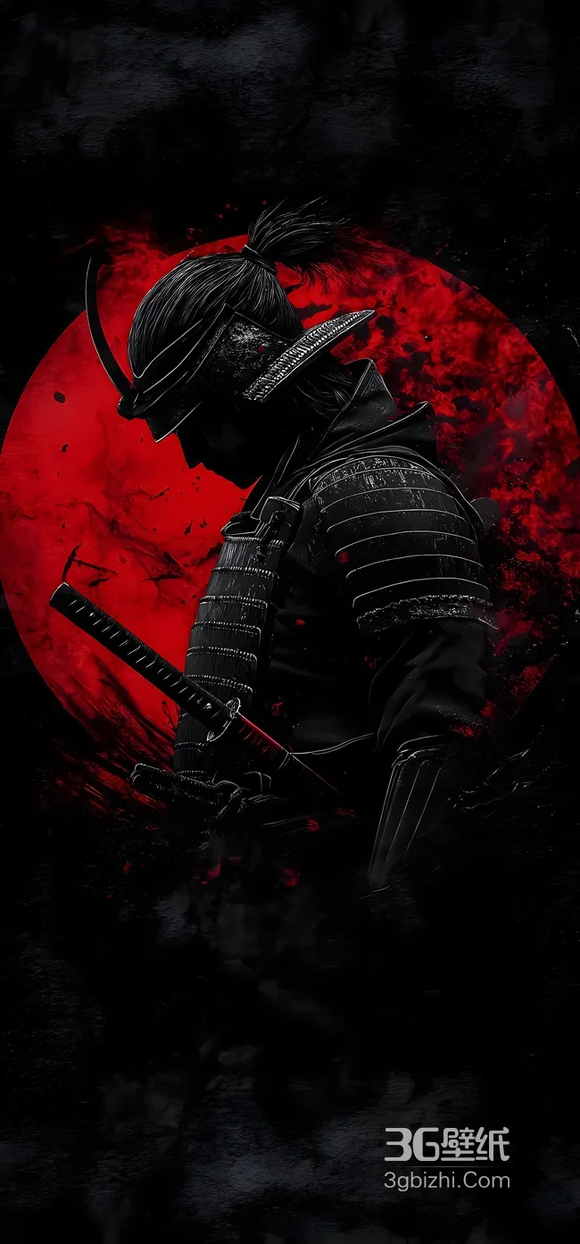 暗黑日式盔甲武士·红月背景 高人气武士壁纸1