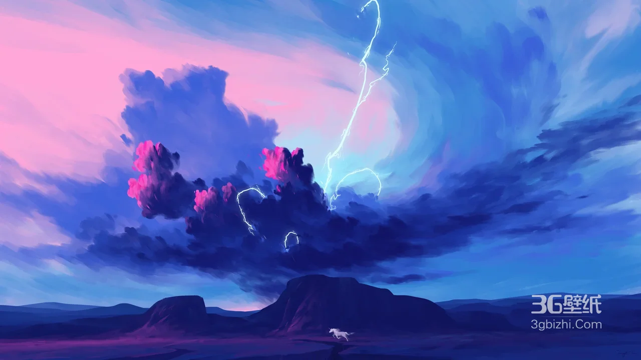 荒漠山丘雷电云景·梦幻唯美插画 超宽屏电脑桌面背景1