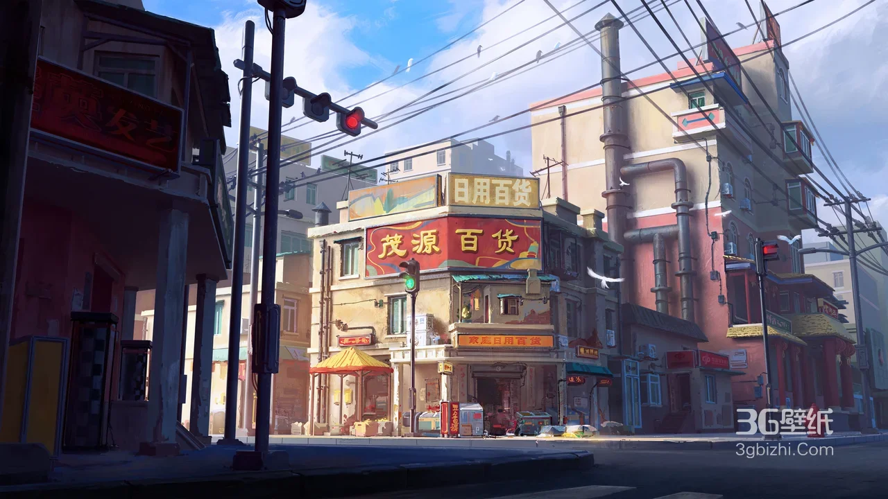 国漫写实风复古市井街道 原创场景宽屏车机壁纸1