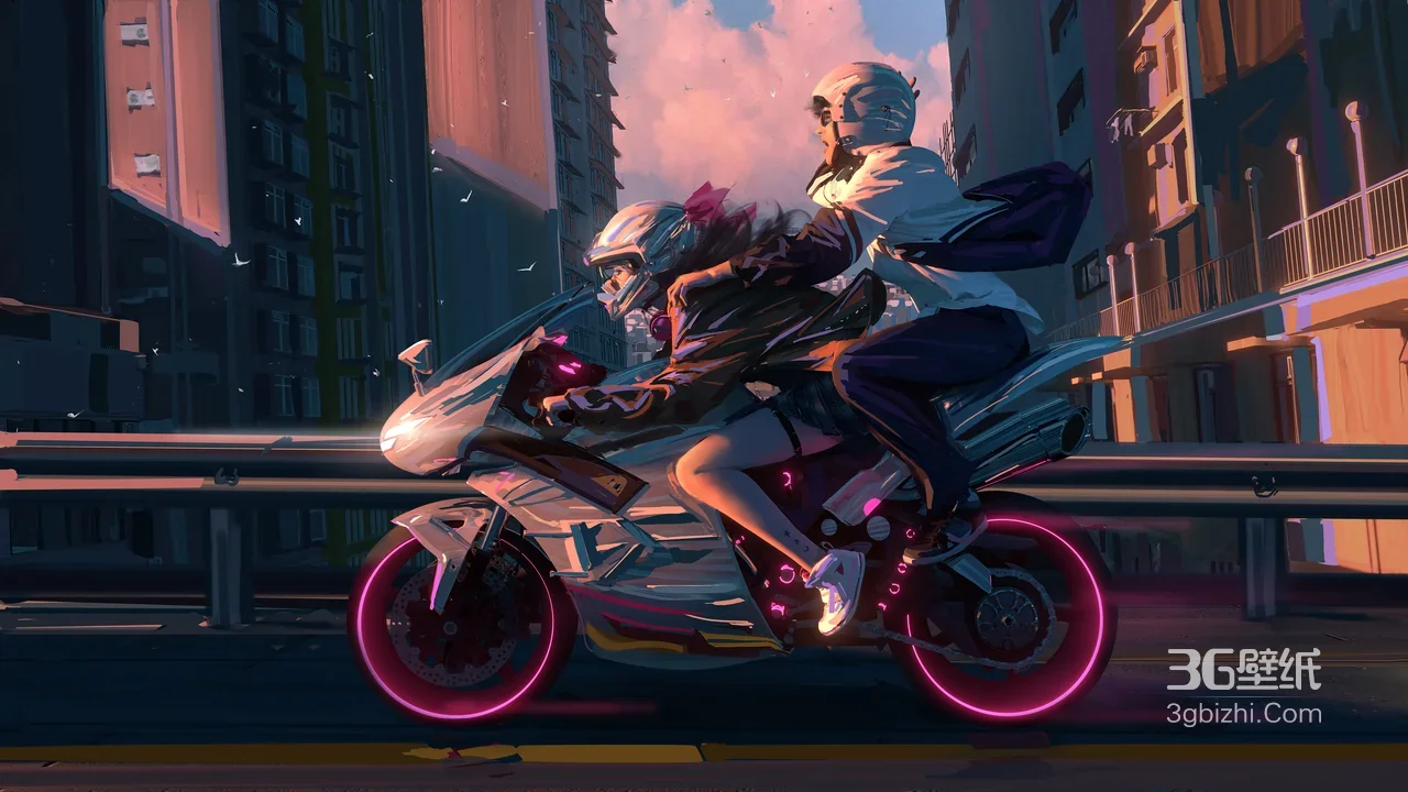 机车少女与少年·赛博朋克风二次元 赛博都市骑行壁纸1