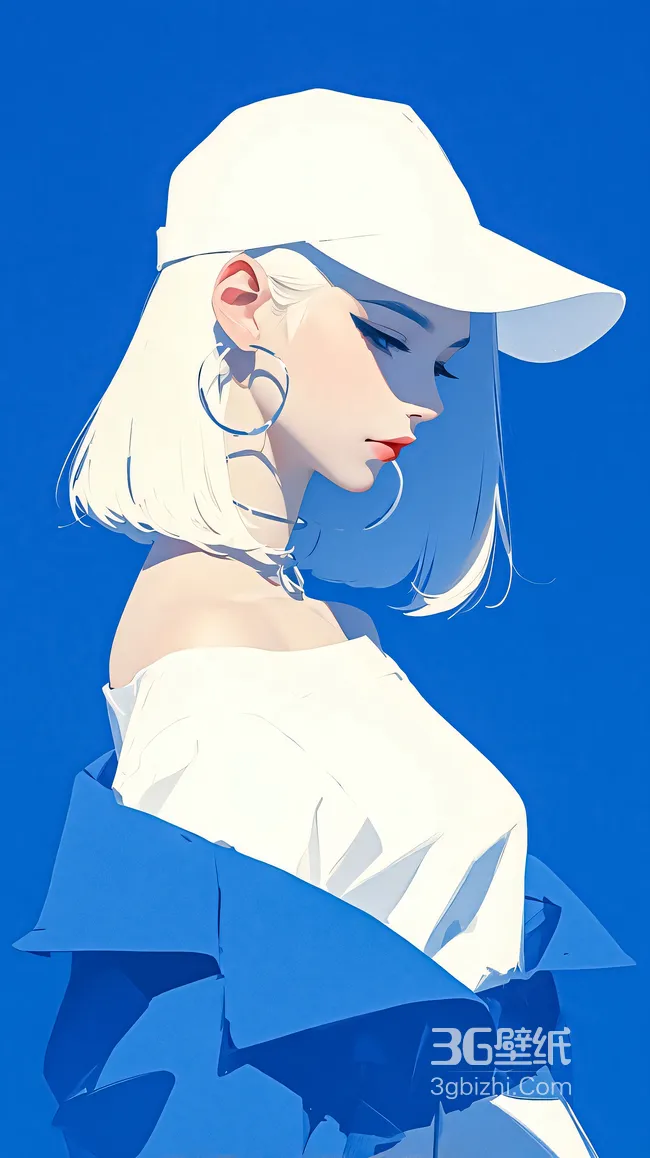 白发白帽短发女孩·简约扁平插画风·小众高级感手机壁纸1
