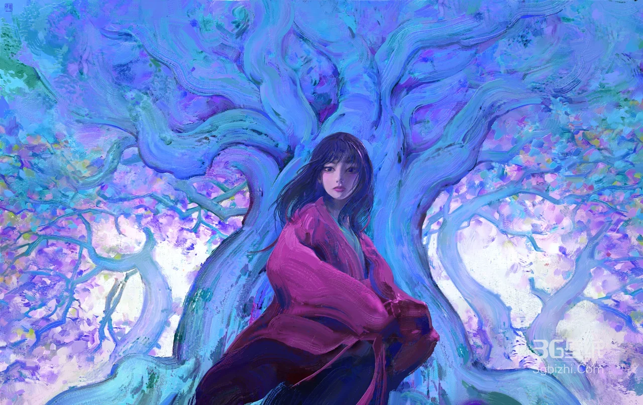 红袍女子·奇幻蓝紫古树 唯美国风油画风氛围感桌面背景1