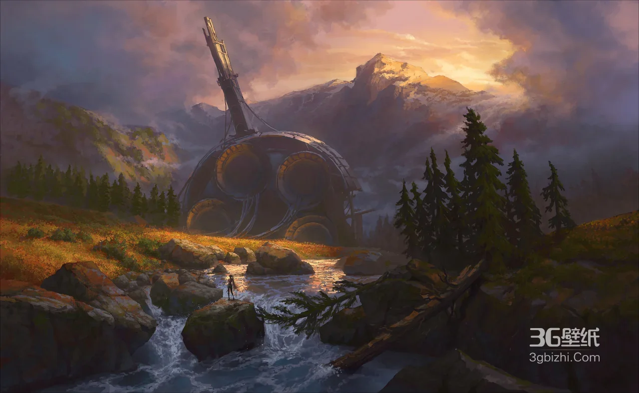 山间溪流人物与科幻机械遗迹·写实科幻风超高清桌面背景1