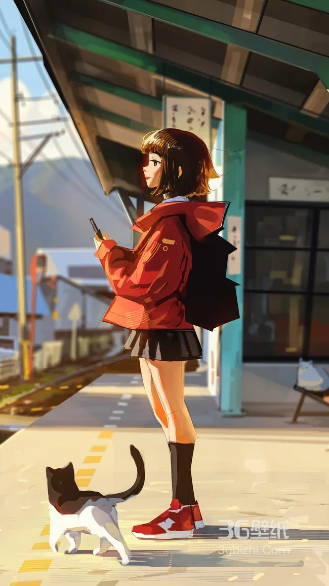 短发少女·红外套黑裙+猫咪 国漫风日系车站治愈系手机壁纸1