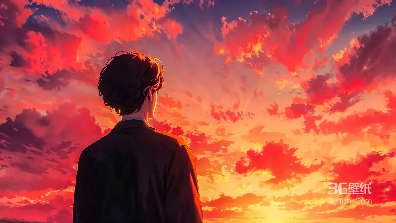 动漫帅哥背影·暖红落日云霞 二次元唯美宽屏电脑壁纸1
