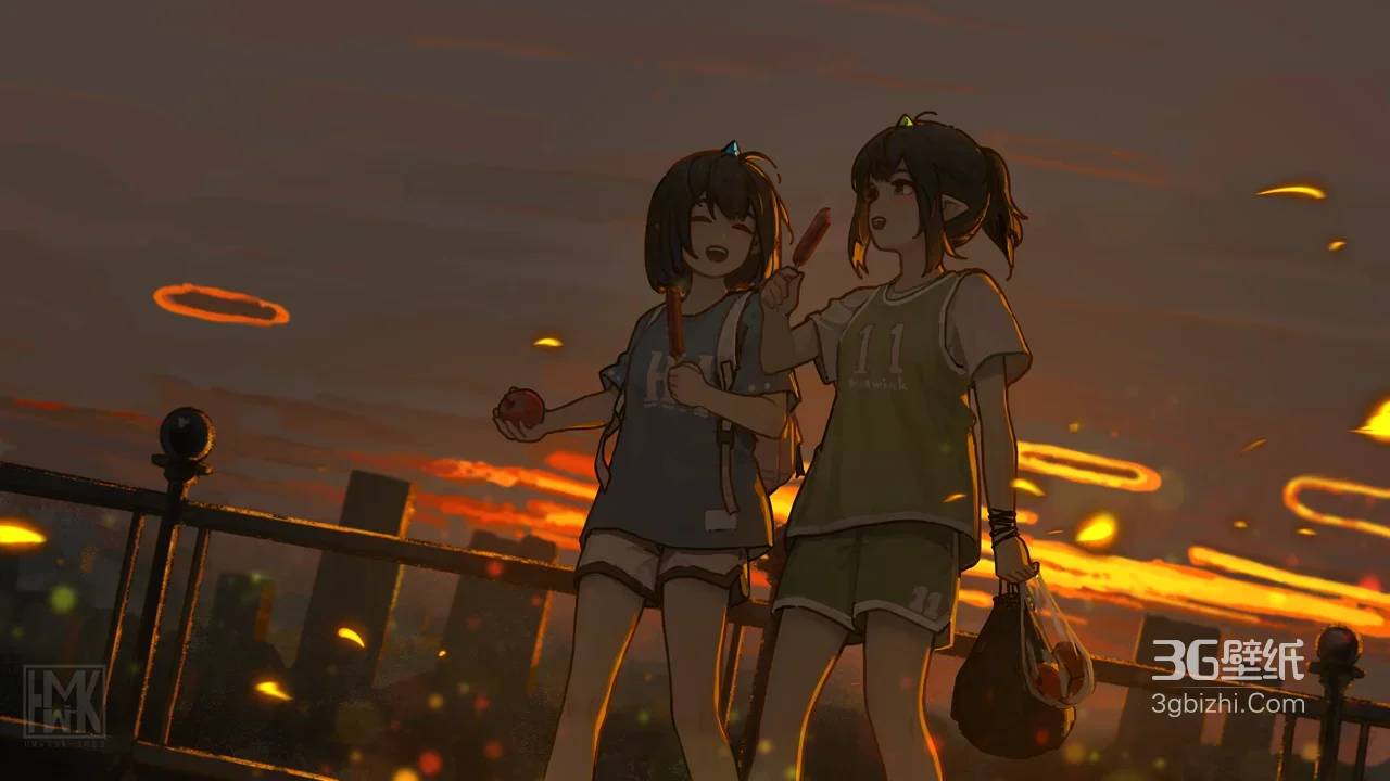 双少女·黄昏城市天台 国漫治愈风 烟火电脑壁纸1