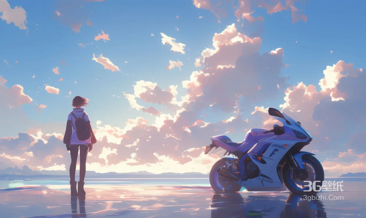 二次元少女与摩托 唯美云海镜面日落场景电脑壁纸1