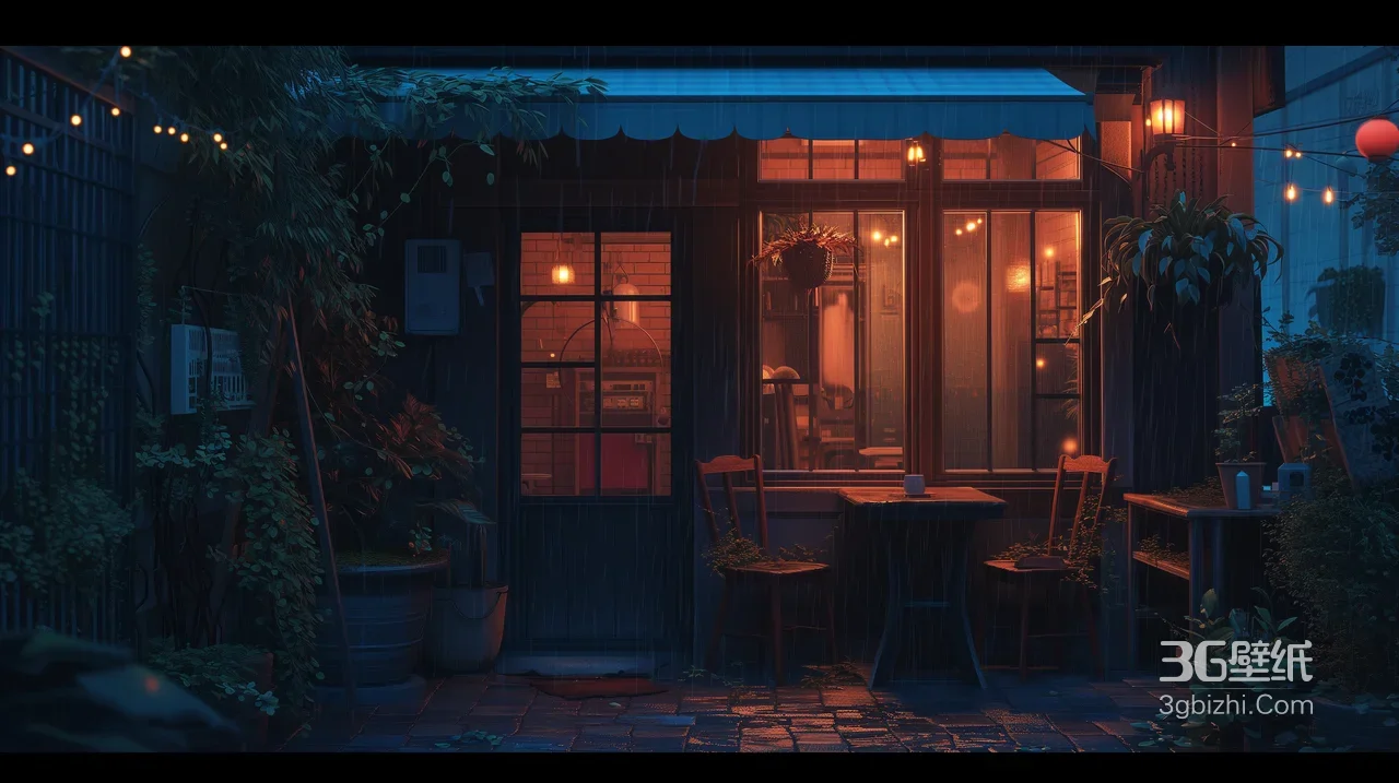 雨夜庭院暖光小店·日式治愈风 雨夜静谧小店电脑壁纸1