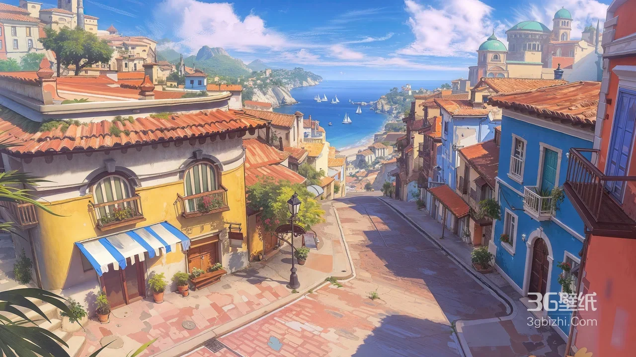 地中海海滨街巷·唯美风 浪漫碧海帆船宽屏壁纸1