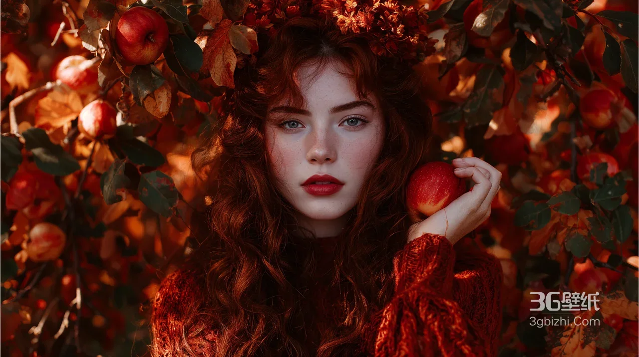 红发卷发少女·苹果秋景·复古唯美 秋季氛围感电脑壁纸1