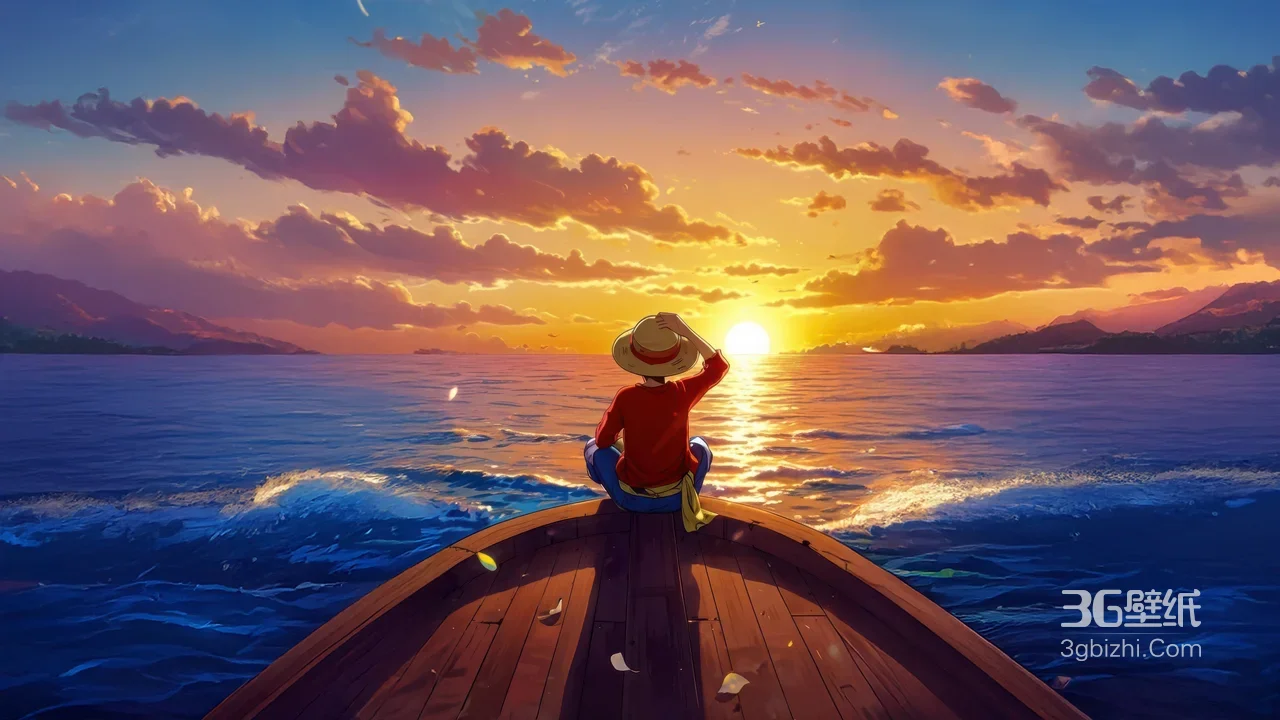 蒙奇·D·路飞眺望日落 唯美动漫海贼王航海宽屏壁纸1