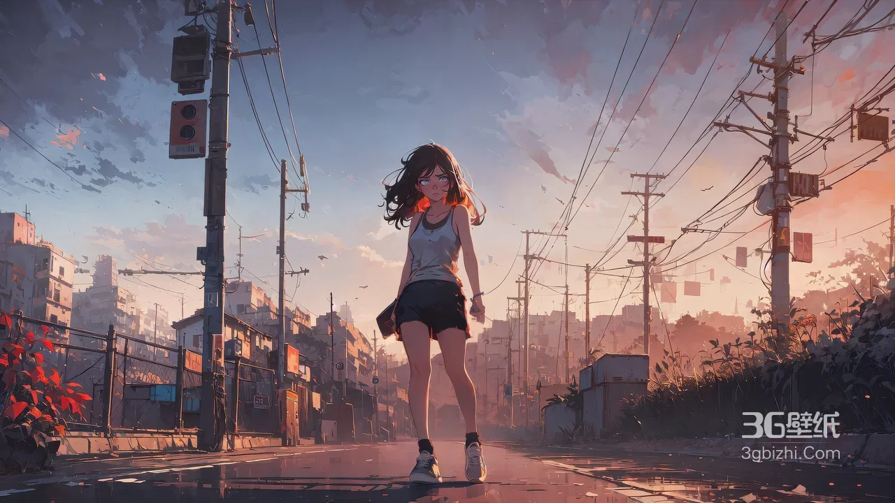 戴眼镜少女·城市黄昏街道 二次元风电脑壁纸1