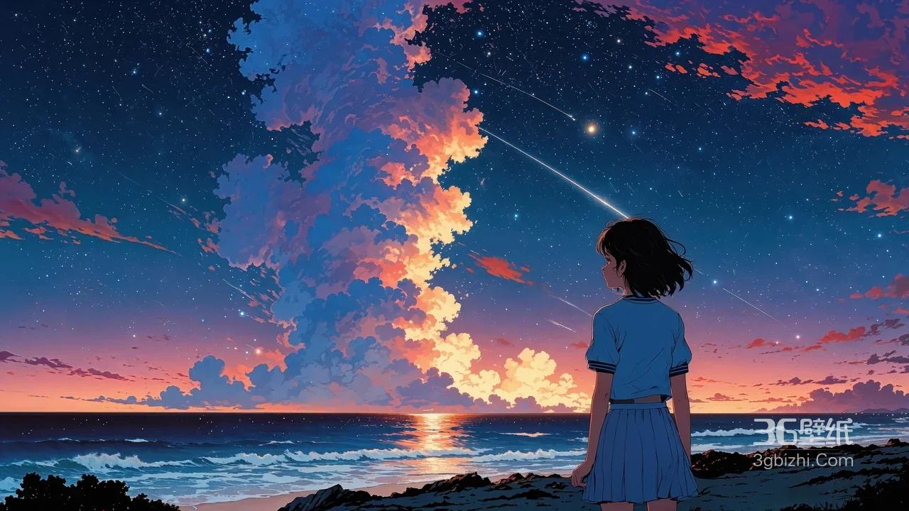海边少女·动漫唯美风 星空流星云霞治愈桌面背景1