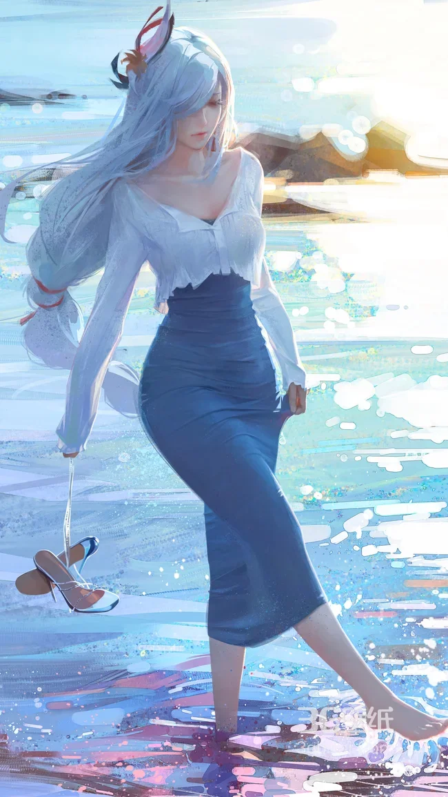 银发狐耳少女·海边踏浪 唯美二次元治愈系手机壁纸1