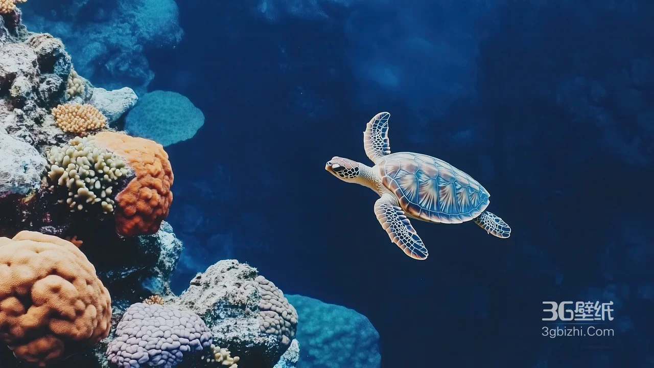 海龟巡游珊瑚礁·唯美写实风 深海探索电脑壁纸1