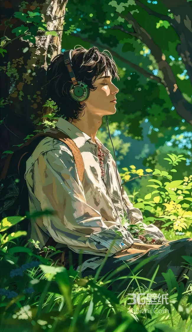 闭眼戴耳机的森林帅哥·唯美治愈风 自然小憩手机壁纸1