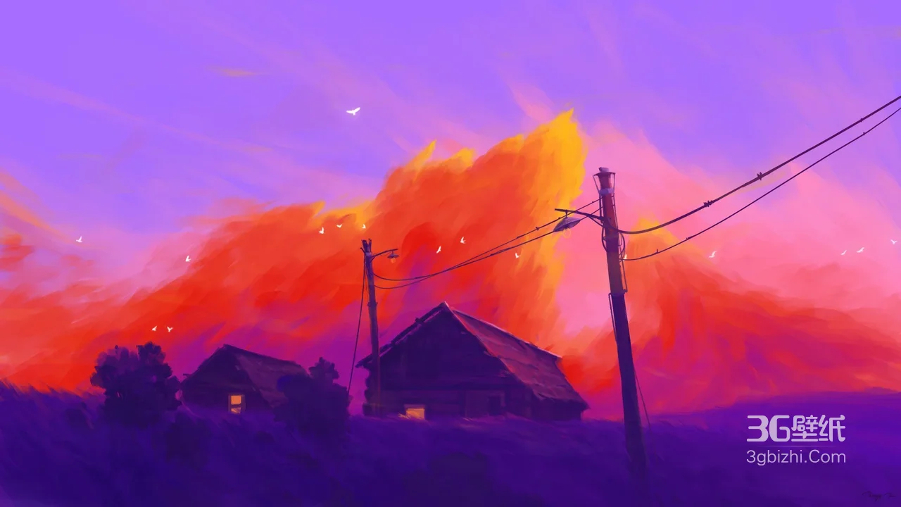 乡村小屋与火烧云·唯美梦幻插画 黄昏意境电脑壁纸1