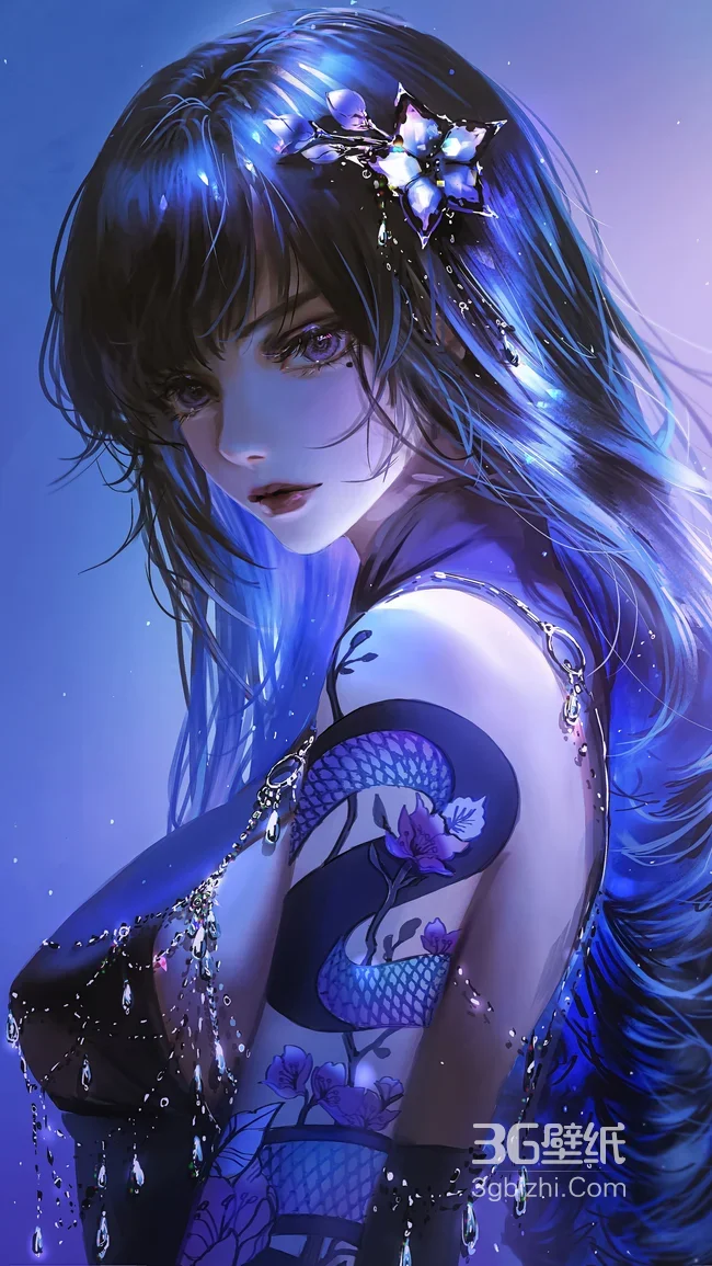 蓝发蛇纹花饰少女·二次元唯美梦幻超仙手机壁纸1