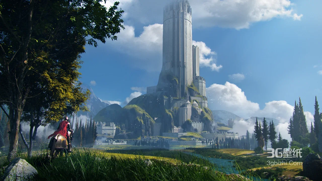 红袍骑士眺望巨塔城堡·写实唯美奇幻游戏场景1