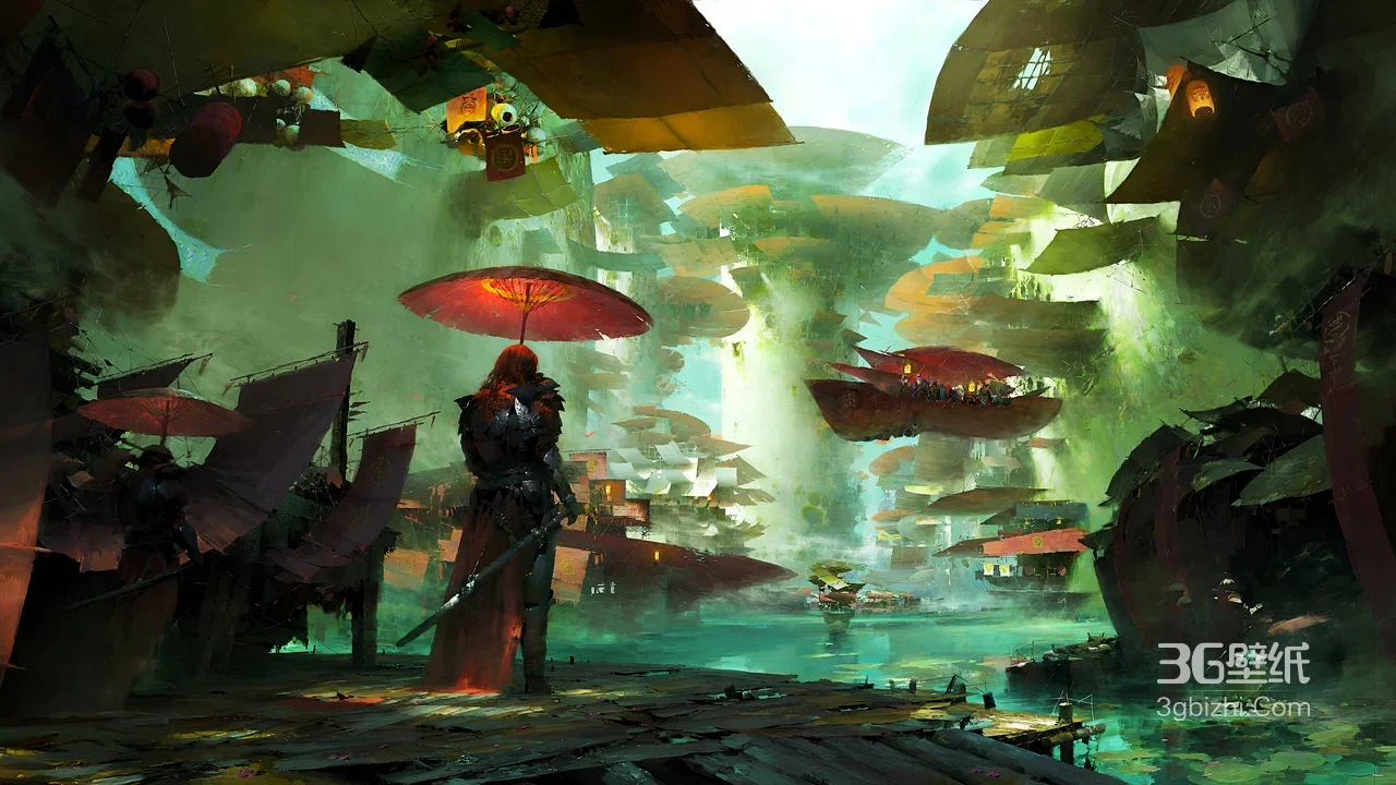 古风铠甲战士·红伞执剑 国风奇幻水上浮城 游戏概念电脑壁纸1